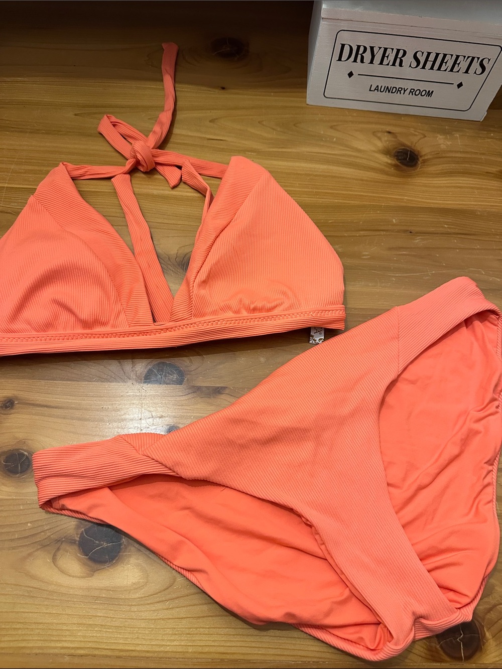 BECCA Coral Ribbed Halter Bikini Top  D & Brief XL